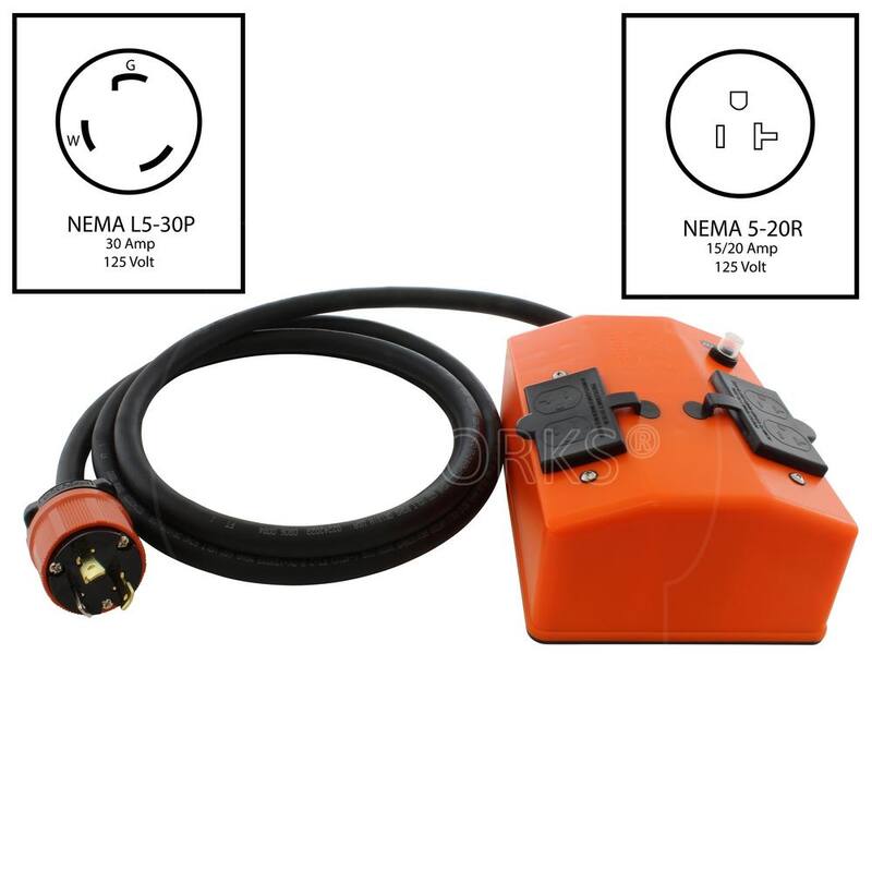AC WORKS 25 ft. L5-30 3-Prong Locking Plug to PDU OUTLET BOX (GFCI and Breaker) with 4 Outlets - L530PDU-025