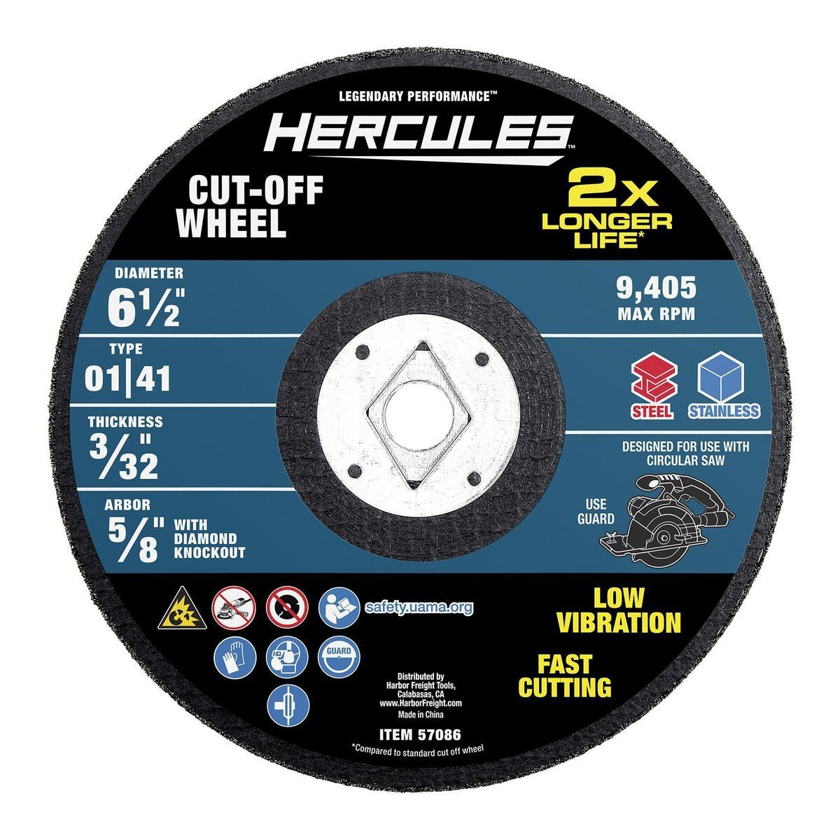Hércules Rueda de Corte para Metal de 6-1/2 pulg. x 3/32 pulg. x 5/8 pulg. con Abertura de Diamante Tipo 01/41 - 57086