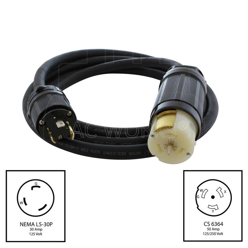 AC WORKS 10 ft. Temp Power L5-30P 30 Amp 3-Prong Locking Plug to CS6364 50 Amp Connector - TEL530-010