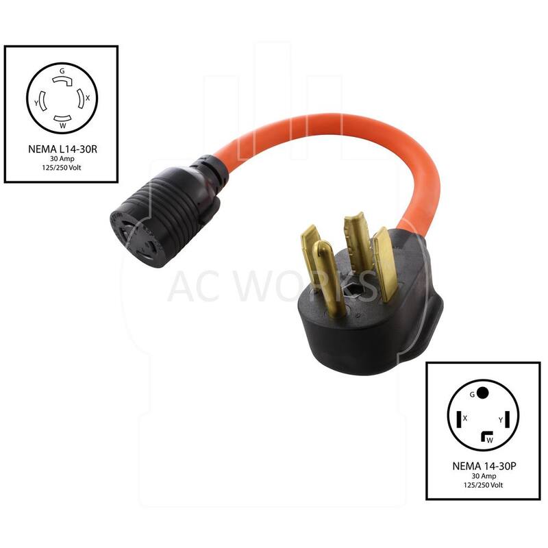 AC WORKS AC Connectors 1.5 ft. 10/4 30 Amp 4-Prong Dryer Plug to L14-30R 4-Prong 30 Amp Generator Locking Female - S1430L1430-018