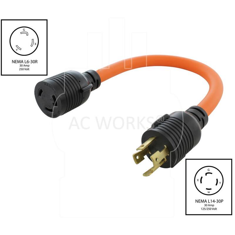 AC WORKS 1.5 ft. L14-30P 4-Prong 30 Amp Generator Plug to L6-30R 30 Amp 250-Volt 3-Prong Locking Connector - L1430L630-018