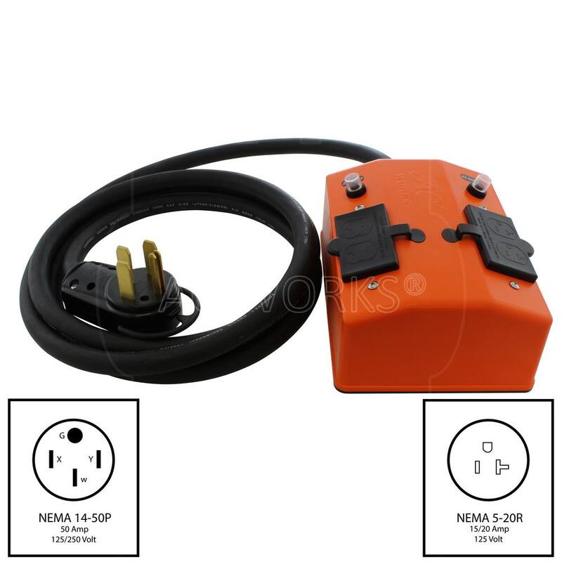 AC WORKS 10 ft. NEMA 14-50 50 Amp RV/Generator Plug to PDU Outlet Box (GFCI and Breakers) - S1450PDU-010