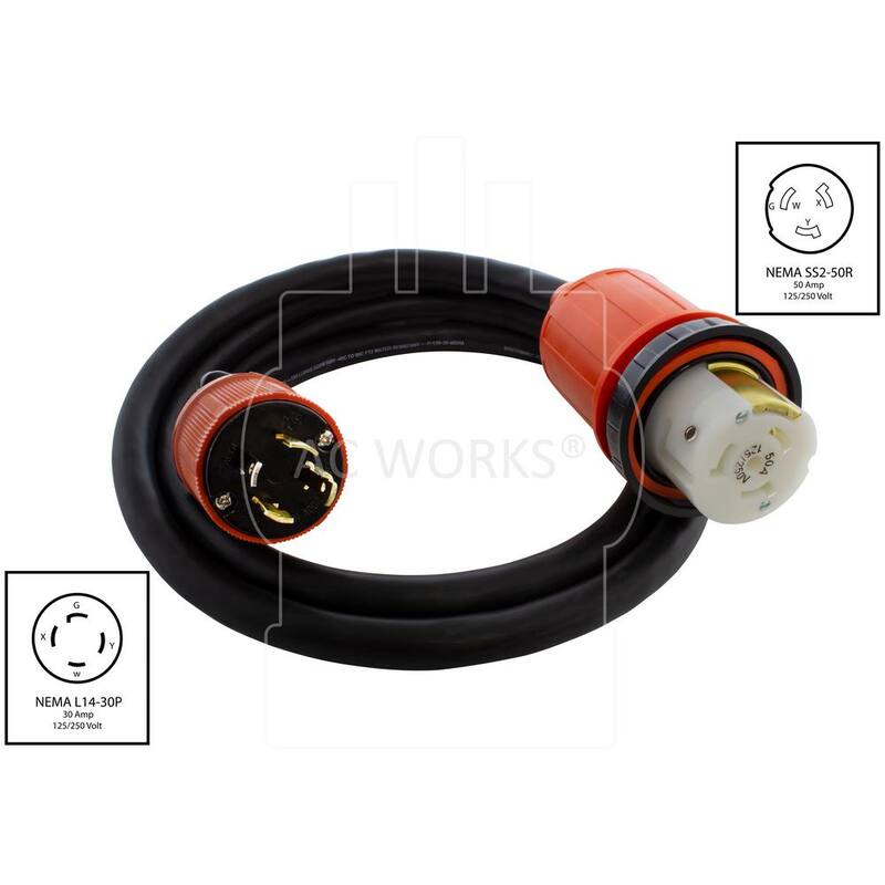 AC WORKS 50 ft. Generator L14-30P 30 Amp 4-Prong Plug to 50 Amp RV/Marine Power Inlet Adapter Cord - L1430M50-050E