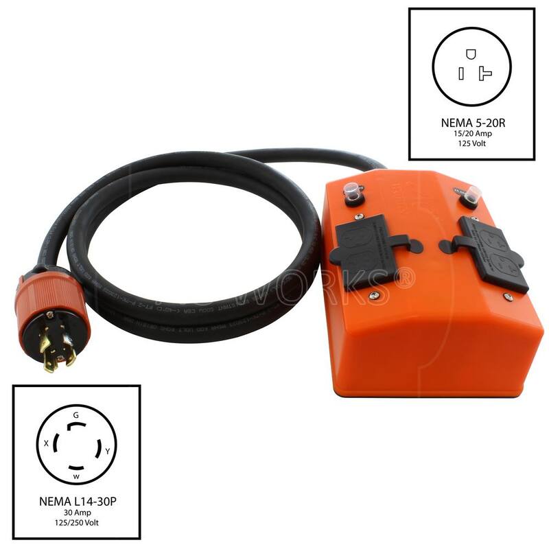 AC WORKS 10 ft. NEMA L14-30 4-Prong 30 Amp Generator Locking Plug to PDU Outlet Box (GFCI and Breakers) - L1430PDU-010