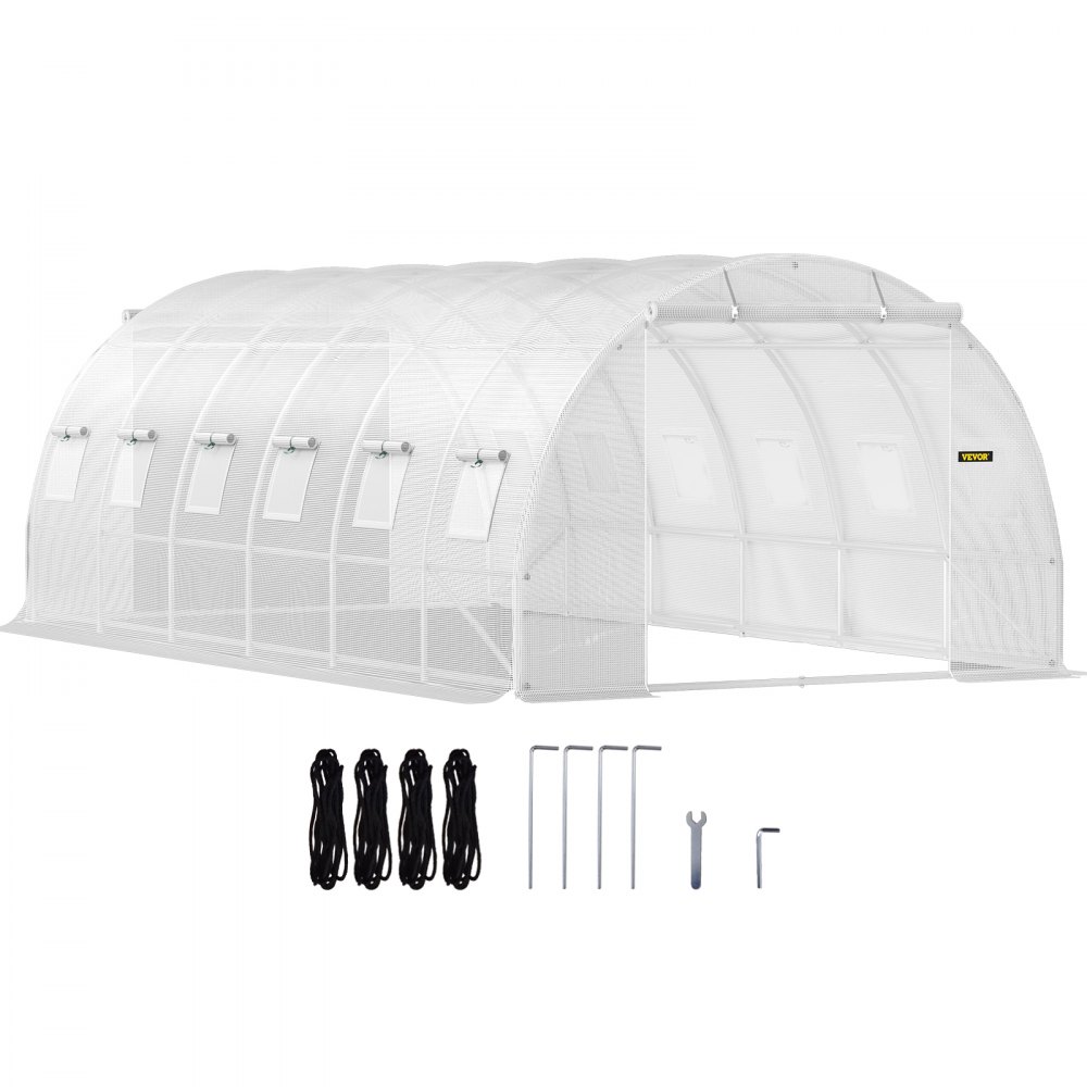 VEVOR Walk-in Tunnel Greenhouse, 20 x 10 x 7 ft Portable Plant Hot House w/ Galvanized Steel Hoops, 3 Top Beams, Diagonal Poles, 2 Zippered Doors & 12 Roll-up Windows, White - YDSDWS20107FTYBYXV0