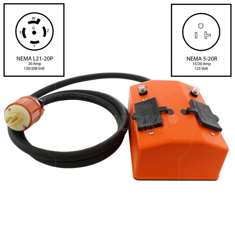 AC WORKS 50 ft. NEMA L21-20 5-Prong Locking Plug to PDU Outlet Box (GFCI and Breakers) - L2120PDU-050