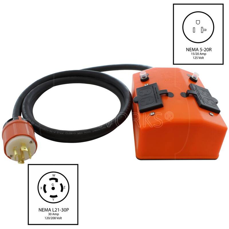 AC WORKS 25 ft. Nema L21-30 30 Amp 5-Prong Locking Plug to PDU OUTLET BOX (GFCI and Breakers) - L2130PDU-025