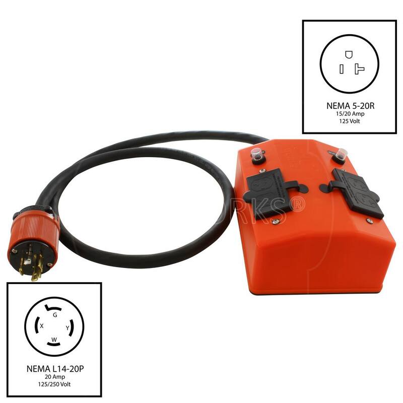 AC WORKS 10 ft. NEMA L14-20 Generator Locking Plug to PDU Outlet Box (GFCI and Breakers) - L1420PDU-010
