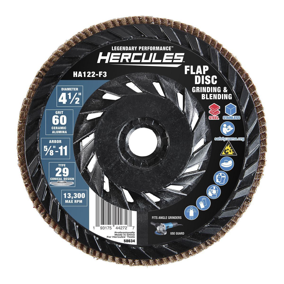 Hércules 4-1/2 pulgadas x 5/8 pulgadas -11 UNC 60 grano Tipo 29 Disco de láminas con respaldo de plástico y grano cerámico - 58634