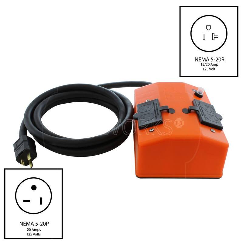 AC WORKS 50 ft. NEMA 5-20 20 Amp Plug to PDU Outlet Box (GFCI and Breaker) with 4 Outlets - S520PDU-050