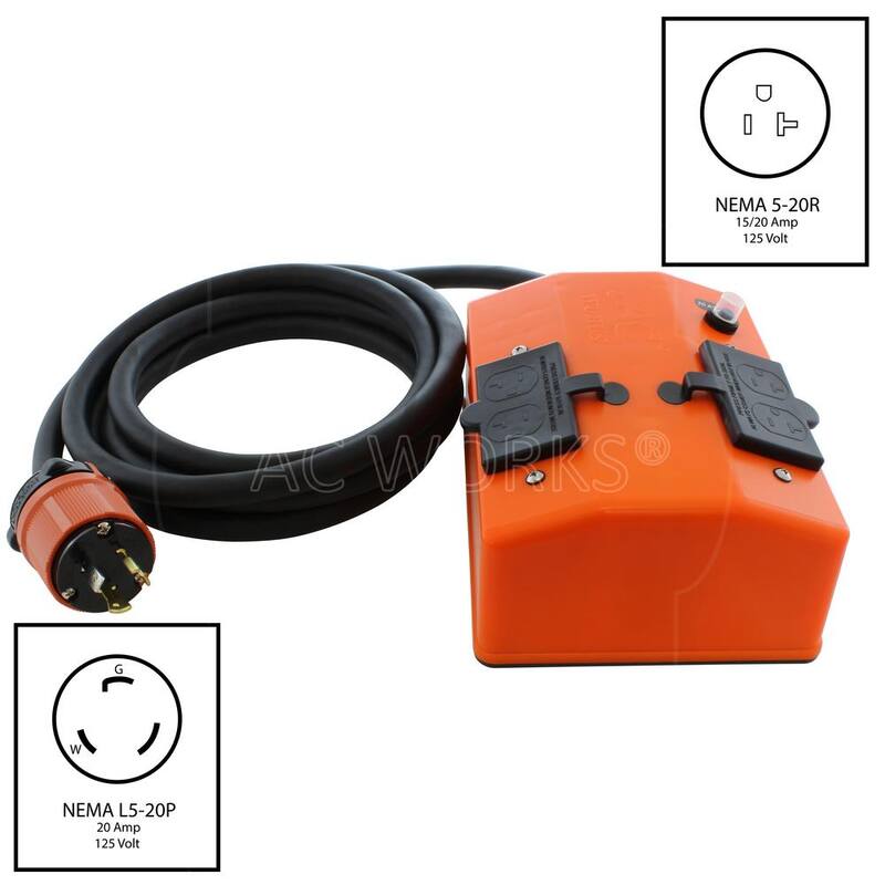 AC WORKS 10 ft. L5-20 20 Amp 3-Prong Locking Plug to PDU OUTLET BOX (GFCI and Breakers) with 4 Outlets - L520PDU-010