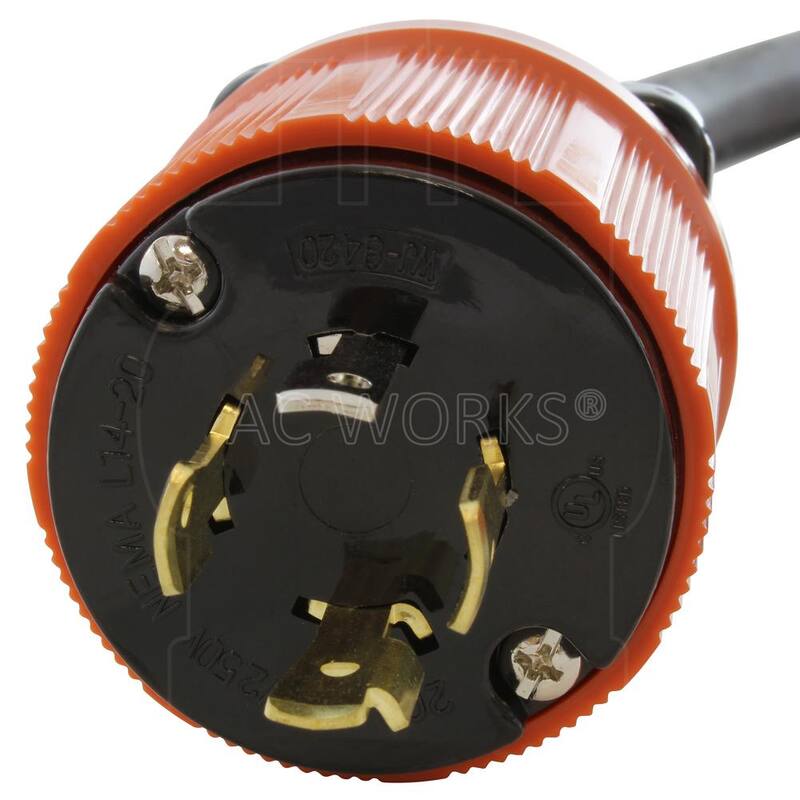 AC WORKS 50 ft. NEMA L14-20 Generator Locking Plug to PDU Outlet Box (GFCI and Breakers) - L1420PDU-050