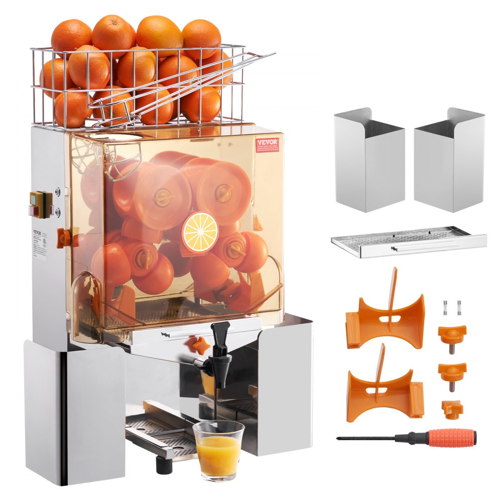 VEVOR Commercial Orange Juicer Machine, 120W Automatic Juice Extractor with Water Tap, Stainless Steel Orange Squeezer 20 Oranges/Minute, with Pull-Out Filter Box, PC Cover, 2 Peel Collecting Buckets - TSZDJLCZJBZDBH6R7V1