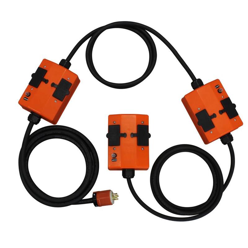 AC WORKS 30 ft. L21-20 Stringer Cord with 3 PDU Outlet Boxes (GFCI and Breakers) to 12 Outlets - L2120PDU-10-ABC