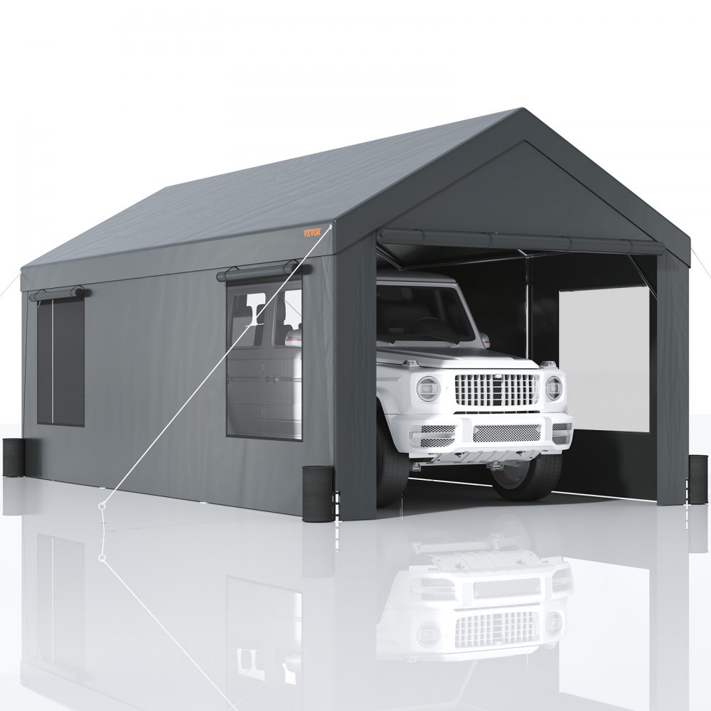VEVOR Carport, Heavy Duty 12x20ft Car Canopy, Outdoor Garage Shelter with Removable Sidewalls, Roll-up Ventilated Windows & Door, UV Resistant Tarp for Car, Truck, Boat, Darkgray - FBSJS812X20FTJ5VCV0