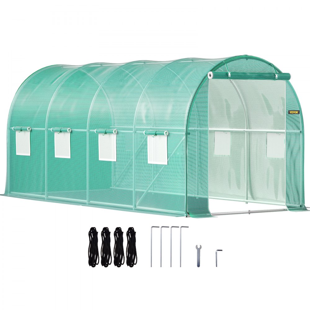 VEVOR Walk-in Tunnel Greenhouse, 15 x 7 x 7 ft Portable Plant Hot House w/ Galvanized Steel Hoops, 1 Top Beam, Diagonal Poles, Zippered Door & 8 Roll-up Windows, Green - YDSDWSL1577FTL1FIV0
