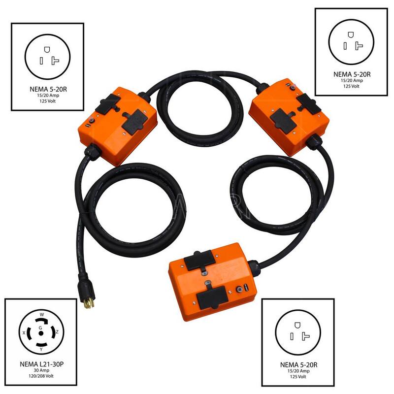 AC WORKS 30 ft. L21-30 Stringer Cord with 3 PDU Outlet Boxes (GFCI and Breakers) with 12 Outlets - L2130PDU-10-ABC
