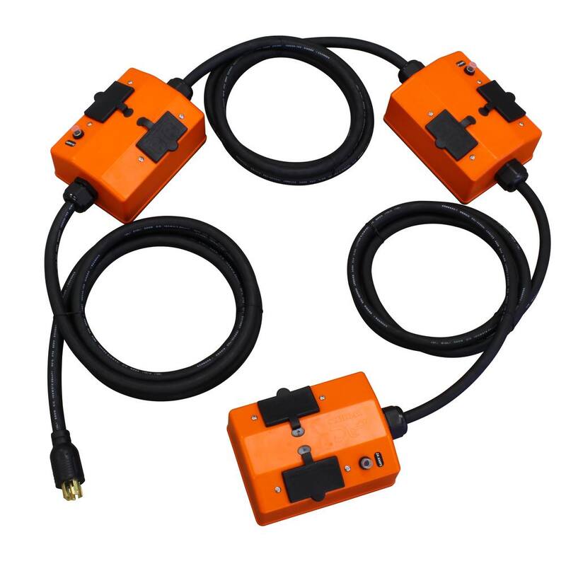 AC WORKS 30 ft. L21-30 Stringer Cord with 3 PDU Outlet Boxes (GFCI and Breakers) with 12 Outlets - L2130PDU-10-ABC