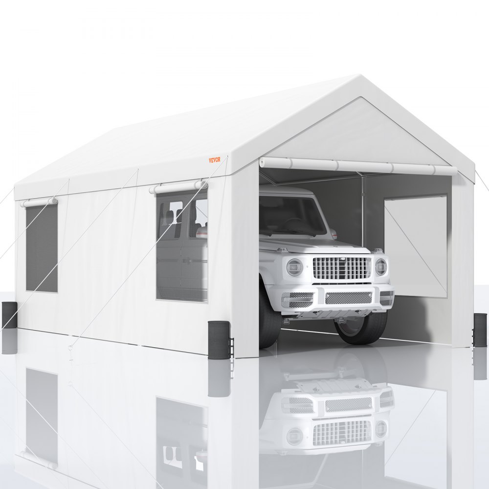 VEVOR Carport, Heavy Duty 10x20ft Car Canopy, Outdoor Garage Shelter with Removable Sidewalls, Roll-up Ventilated Windows & Doors, UV Resistant Waterproof All-Season Tarp for Car, Truck, Boat, White - FBSJS810X20FTGSF4V0