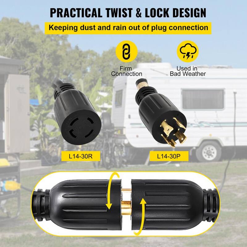 VEVOR Generator Power Cord 20 ft. 30 Amp RV Power Extension Cord 10AWG/4C SJTW NEMA L14-30 with Strap Locked Plug for RV Home - FDJYCX20FT30A0001V1