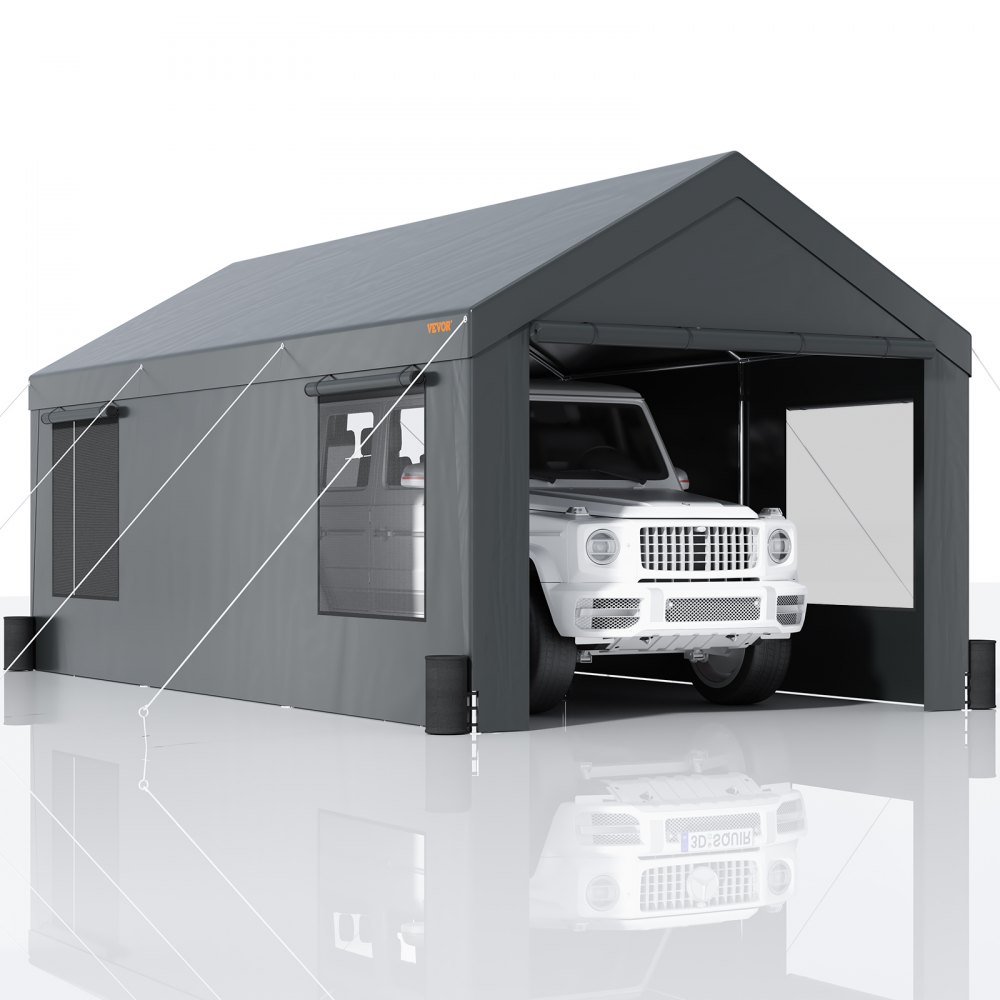 VEVOR Carport, Heavy Duty 10x20ft Car Canopy, Outdoor Garage Shelter with Removable Sidewalls, Roll-up Ventilated Windows & Door, UV Resistant Waterproof All-Season Tarp for Car, Truck, Boat, Darkgray - FBSJS810X20FT5MK7V0