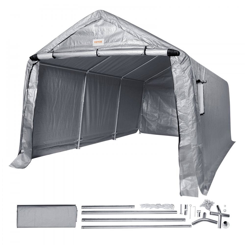 VEVOR Outdoor Portable Storage Shelter Shed, 10x15x8ft Heavy Duty Instant Garage Tent Canopy Carport with Roll-up Zipper Door and Ventilated Windows For Cars, Motorcycle, Bike, Garden Tools - TYCW10FTX15FTRDIDV0