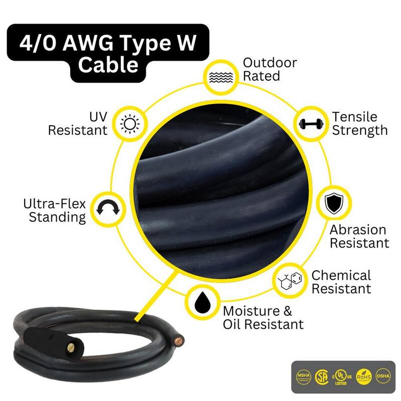 POWER ASSEMBLIES 10 ft. 4/0 AWG Type W 400 Amp 600-Volt Black Series 16 Male Camlock to 1/2 in. Single Hole Lug Generator Extension Cord - PWA40TW16010MLE