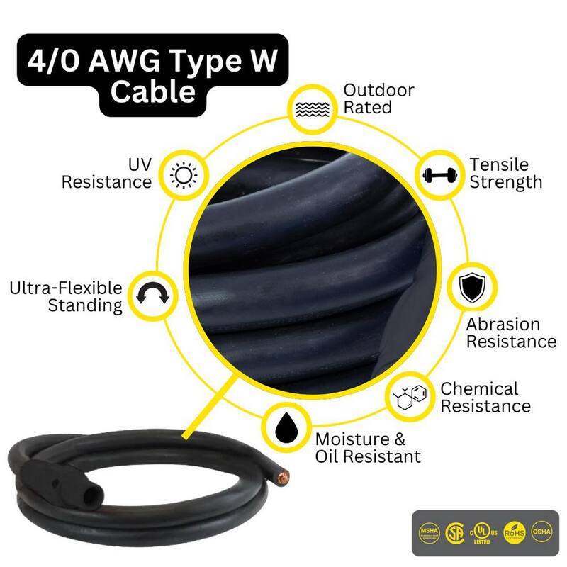 POWER ASSEMBLIES 10ft 4/0 AWG Type W 400 Amp 600V Black Series 16 Female Camlock to 1/2in Single Hole Lug Generator Extension Cord - PWA40TW16010FLE