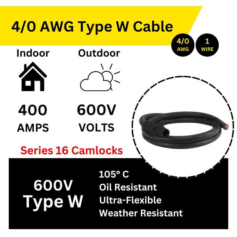 POWER ASSEMBLIES 10ft 4/0 AWG Type W 400 Amp 600V Black Series 16 Female Camlock to 1/2in Single Hole Lug Generator Extension Cord - PWA40TW16010FLE