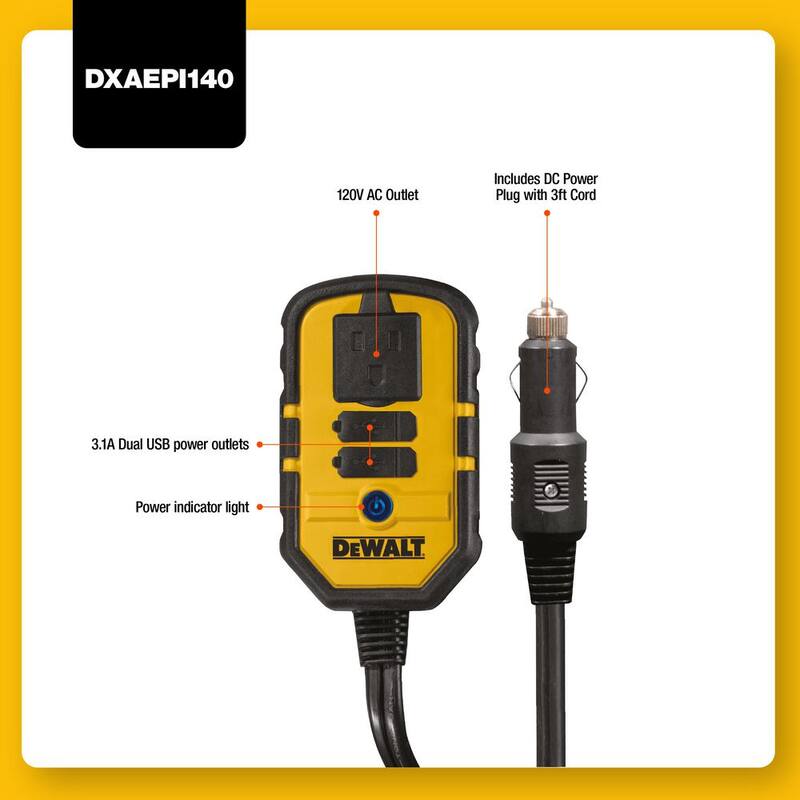 DEWALT 140-Watt Portable Car Power Inverter with Dual USB Ports - DXAEPI140