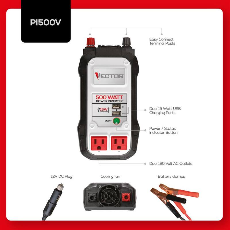 VECTOR 500 Watt Power Inverter, Dual Power Inverter, Two USB Charging Ports - PI500V