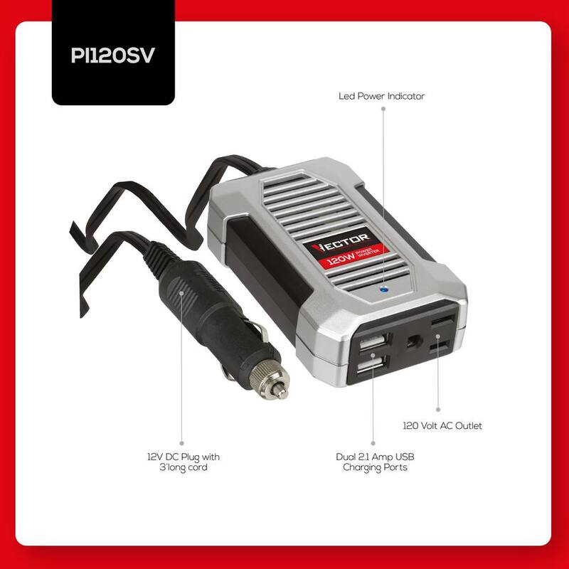 VECTOR 120 Watt Power Inverter, 12V DC, 120V AC, Dual USB Charging Ports - PI120SV