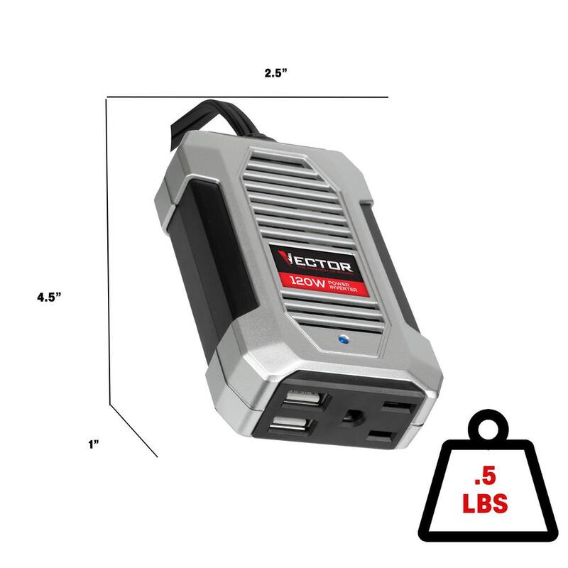 VECTOR 120 Watt Power Inverter, 12V DC, 120V AC, Dual USB Charging Ports - PI120SV