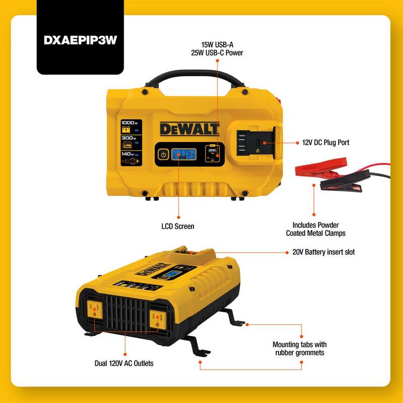 DEWALT 3-Way 1000-Watt Power Inverter Compatible with 20-Volt XR 5 AH Lithium-Ion Battery (Not Included) - DXAEPIP3W