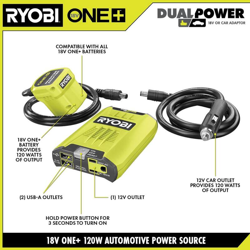 RYOBI ONE+ 18V 120-Watt 12V Automotive Power Inverter with Dual USB Ports - RYi120A
