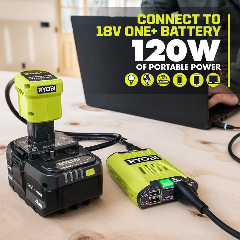 RYOBI ONE+ 18V 120-Watt 12V Automotive Power Inverter with Dual USB Ports - RYi120A