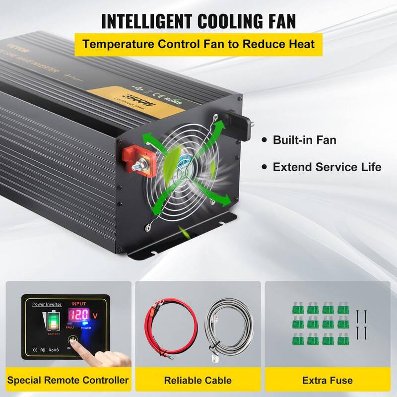 VEVOR Pure Sine Wave Power Inverter 3500-Watt Car Inverter DC 12-Volt to AC 120-Volt with USB Port LCD Display Remote Control - CZXNBQDMKWKDD5F35V9