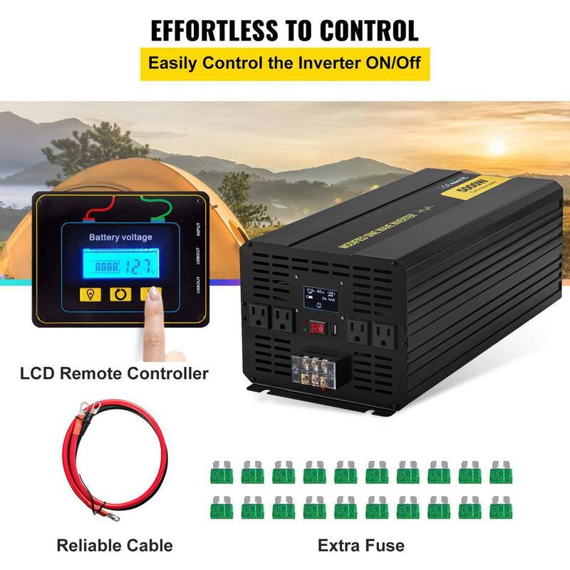 VEVOR Car Power Converter 5000-Watt Modified Sine Wave Inverter DC12-Volt to AC120-Volt with LCD Remote Controller AC Outlets - ZXNB5KW12-120NSRIV9