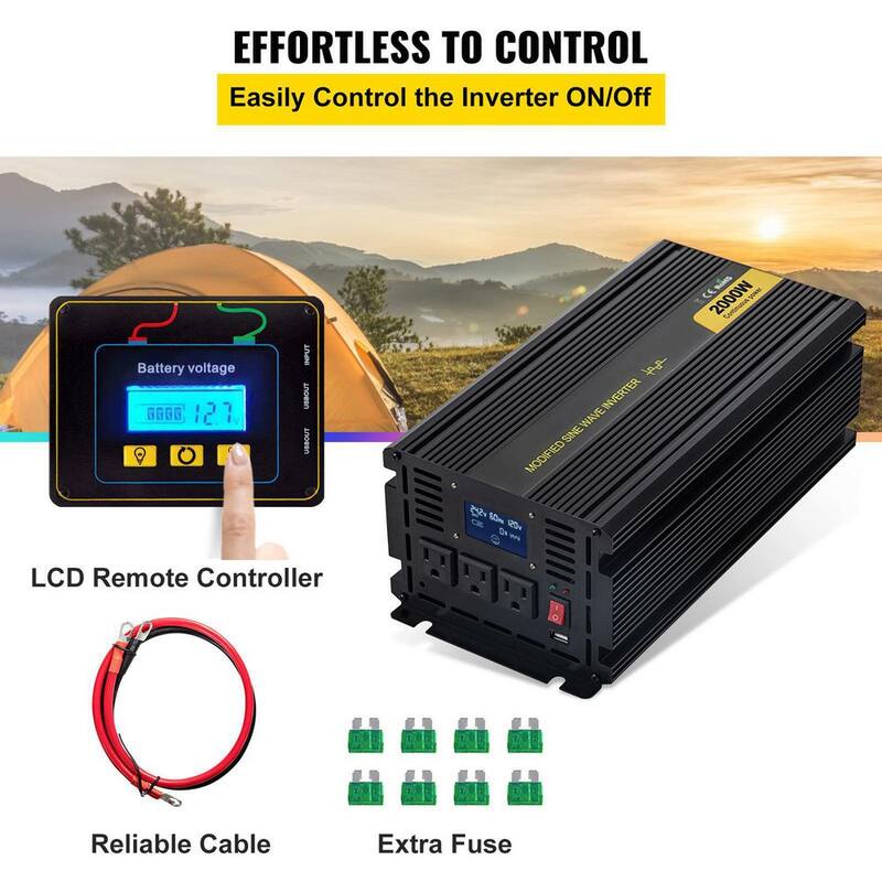 VEVOR Car Power Converter 2000-Watt Modified Sine Wave Inverter DC 12-Volt to AC 120-Volt with LCD Display Remote Controller - ZNB2KW-12-1200I8XV9