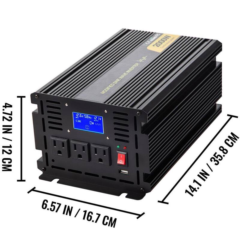 VEVOR Car Power Converter 2000-Watt Modified Sine Wave Inverter DC 12-Volt to AC 120-Volt with LCD Display Remote Controller - ZNB2KW-12-1200I8XV9