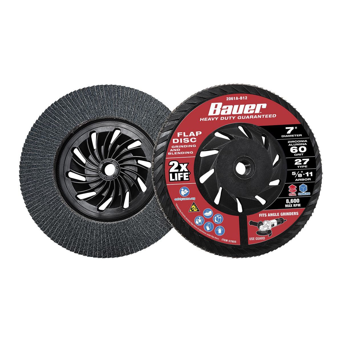 Bauer 7 pulgadas x 5/8 pulgadas -11 UNC 60 granos tipo 27 disco de láminas con respaldo de plástico y grano de circonia - 57655.
