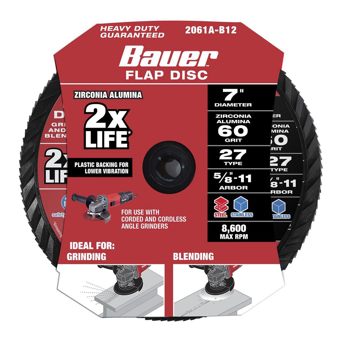 Bauer 7 pulgadas x 5/8 pulgadas -11 UNC 60 granos tipo 27 disco de láminas con respaldo de plástico y grano de circonia - 57655.