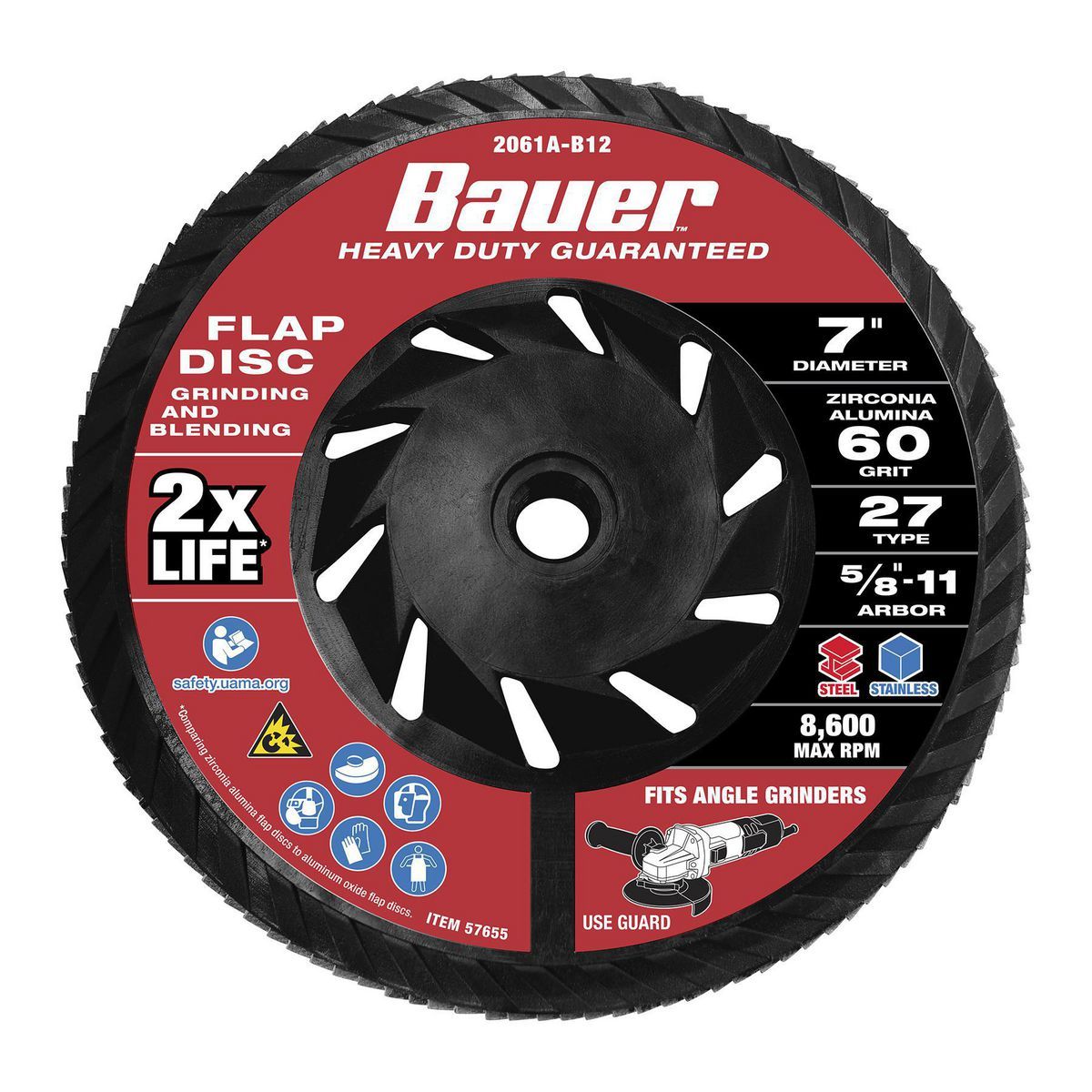 Bauer 7 pulgadas x 5/8 pulgadas -11 UNC 60 granos tipo 27 disco de láminas con respaldo de plástico y grano de circonia - 57655.