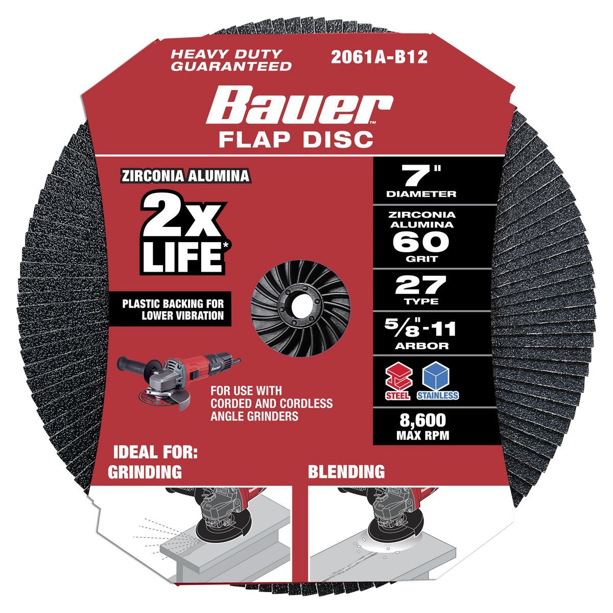 Bauer 7 pulgadas x 5/8 pulgadas -11 UNC 60 granos tipo 27 disco de láminas con respaldo de plástico y grano de circonia - 57655.