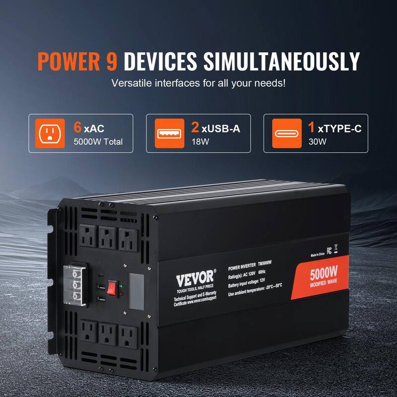VEVOR Modified Sine Wave Inverter 5000-Watt Power with 6 AC Outlets 2 USB Port 1 Type-C Port LCD Display - XZXNBQ5000WXZA35WV1-0730