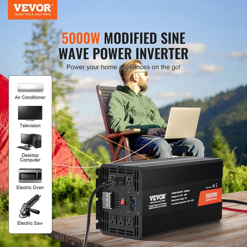 VEVOR Modified Sine Wave Inverter 5000-Watt Power with 6 AC Outlets 2 USB Port 1 Type-C Port LCD Display - XZXNBQ5000WXZA35WV1-0730