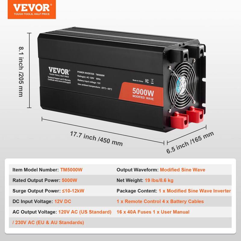 VEVOR Modified Sine Wave Inverter 5000-Watt Power with 6 AC Outlets 2 USB Port 1 Type-C Port LCD Display - XZXNBQ5000WXZA35WV1-0730