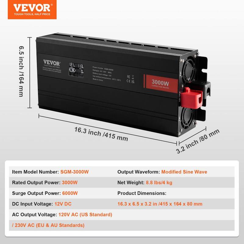 VEVOR Modified Sine Wave Inverter, 3000Watt LCD Display, 3 AC Outlets 2 USB Port 1 Type-C Port 10 Spare Fuses - XZXNBQ3000WX61GMMV1-0730