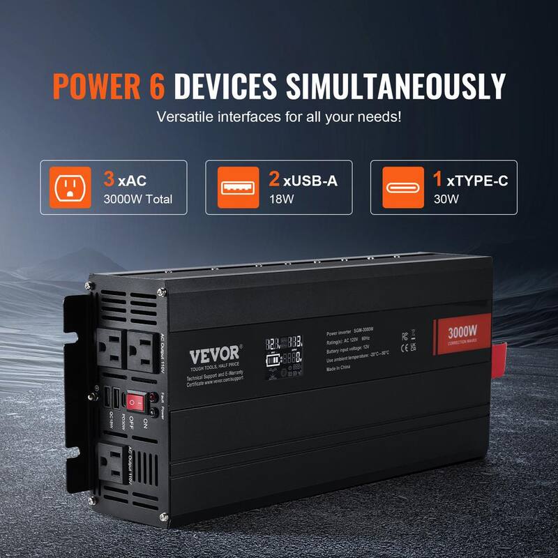VEVOR Modified Sine Wave Inverter, 3000Watt LCD Display, 3 AC Outlets 2 USB Port 1 Type-C Port 10 Spare Fuses - XZXNBQ3000WX61GMMV1-0730