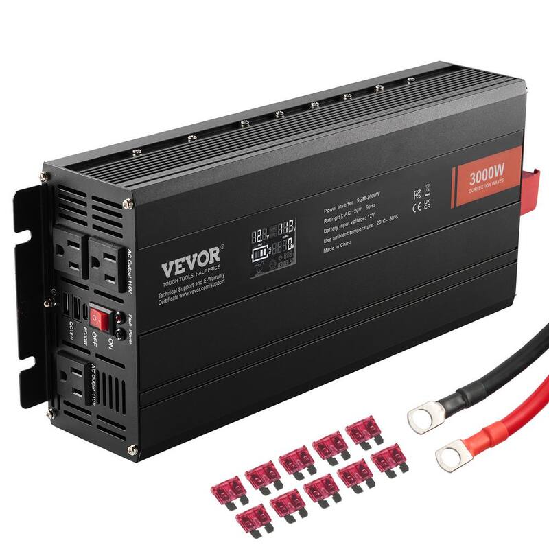 VEVOR Modified Sine Wave Inverter, 3000Watt LCD Display, 3 AC Outlets 2 USB Port 1 Type-C Port 10 Spare Fuses - XZXNBQ3000WX61GMMV1-0730